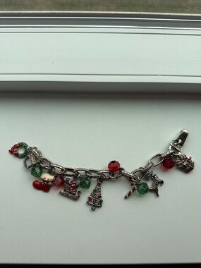 Brighton Silver Holiday Charm Bracelet with Red and Green Beads